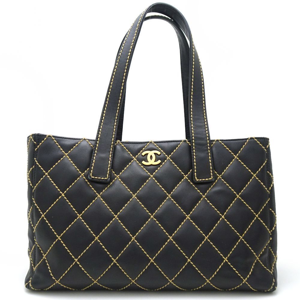 Chanel Tote Bag Wild Stitch Calf Black x Gold Metal Fittings